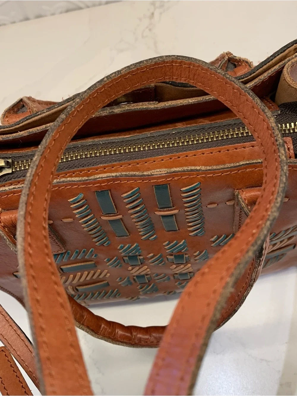 Patricia Nash Adeline Cutout Tooled Leather Tote Bag Cognac Brown Crossbody